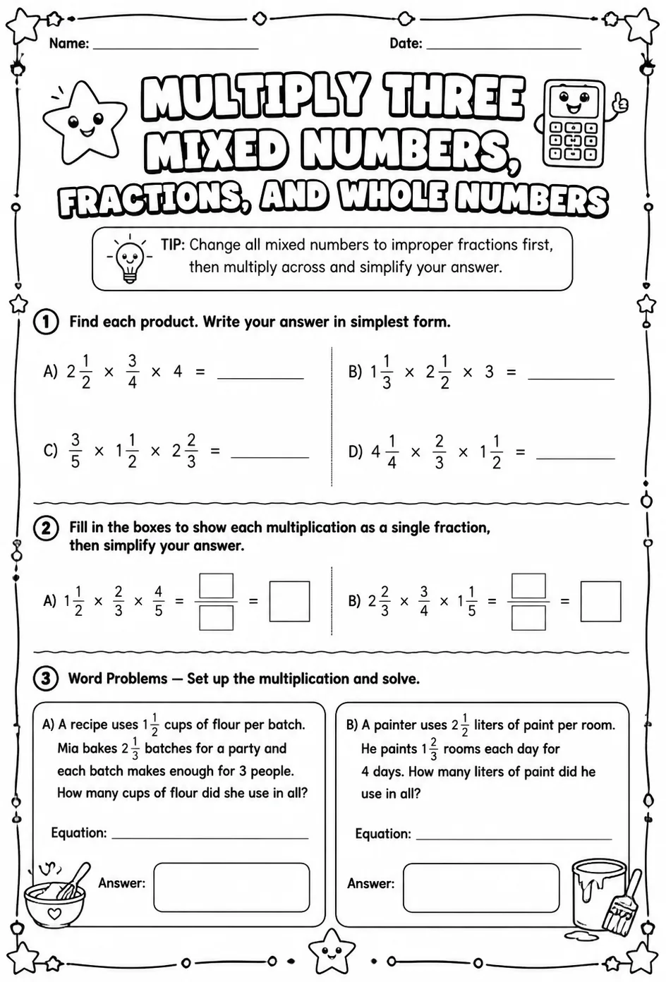Multiply three mixed numbers, fractions, and whole numbers — free printable Grade 5 math worksheet