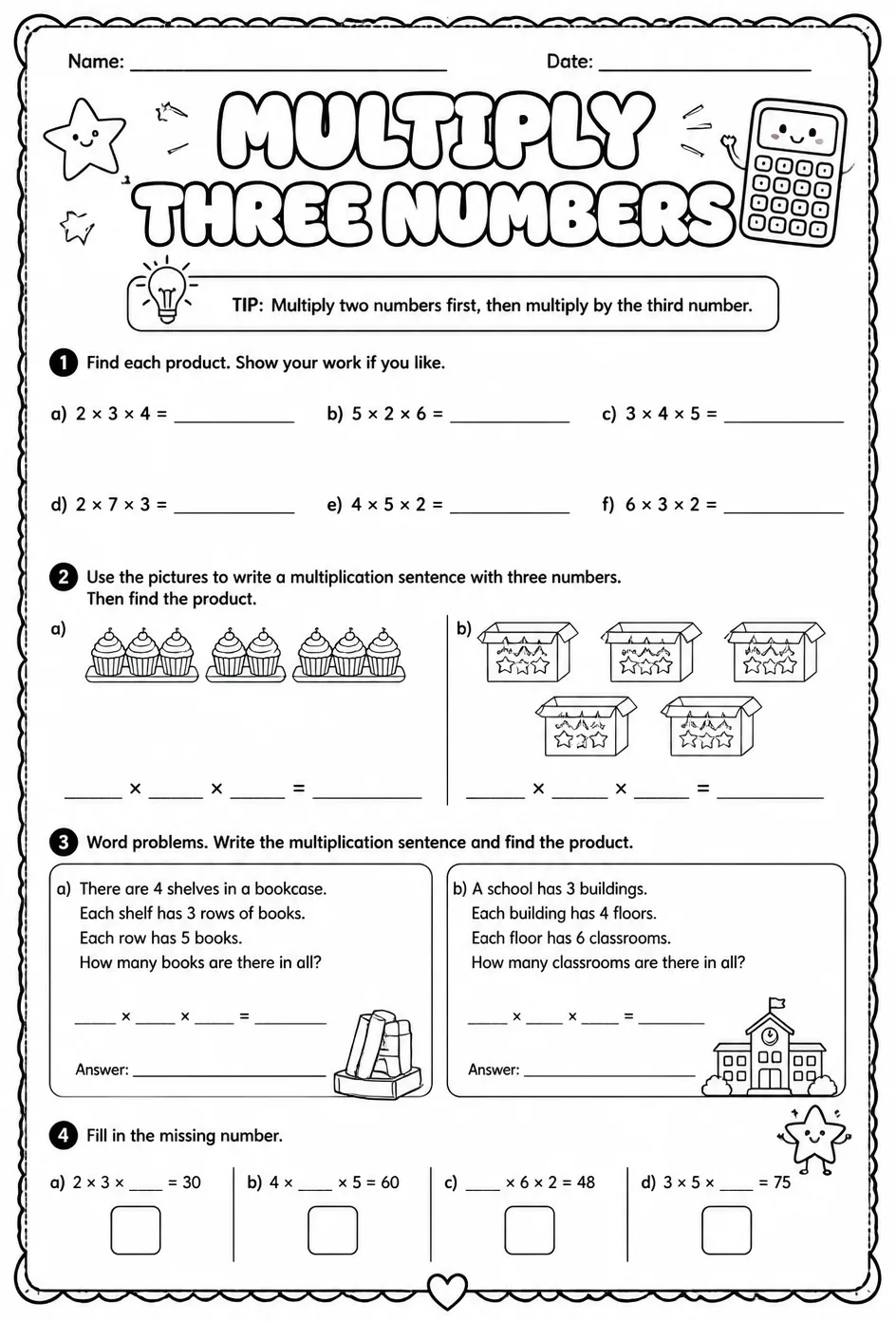 Multiply three numbers — free printable Grade 3 math worksheet