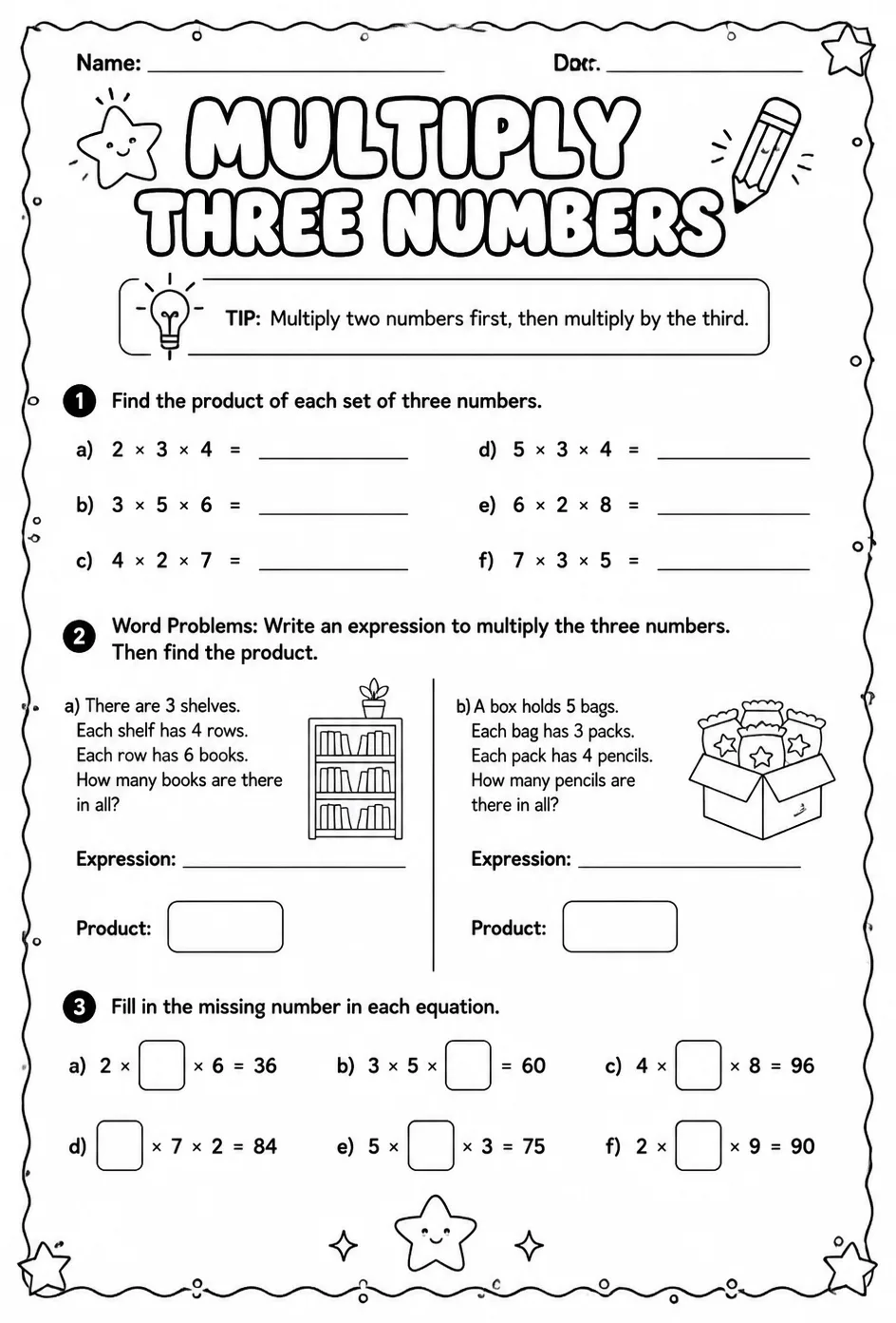 Multiply three numbers — free printable Grade 4 math worksheet