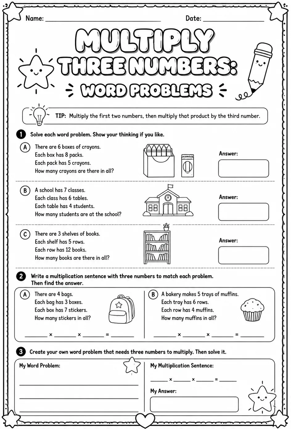 Multiply three numbers: word problems — free printable Grade 3 math worksheet