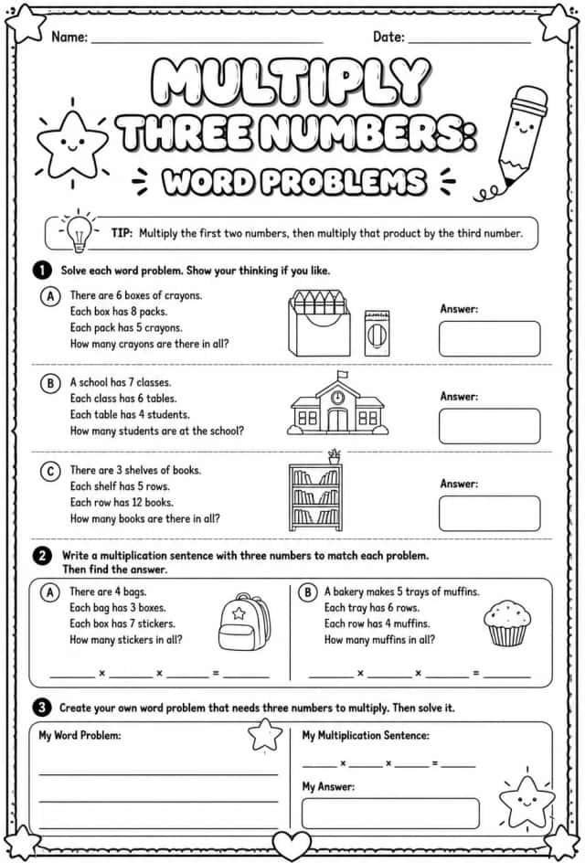Multiply three numbers: word problems