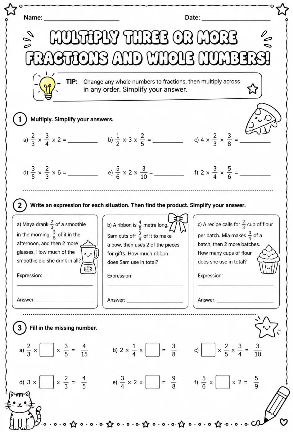 Multiply three or more fractions and whole numbers — free printable Grade 6 math worksheet