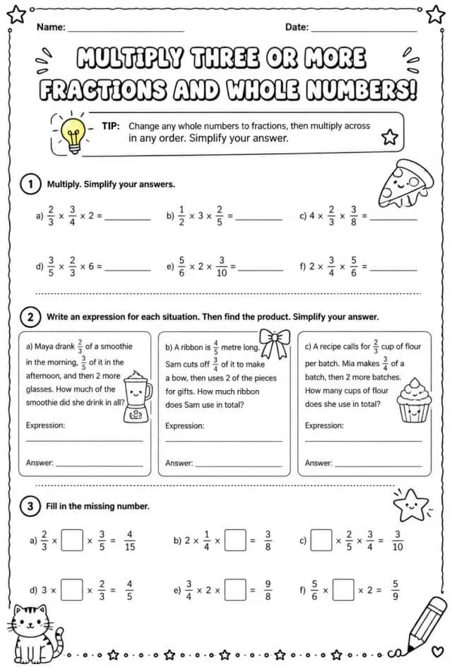 Multiply three or more fractions and whole numbers