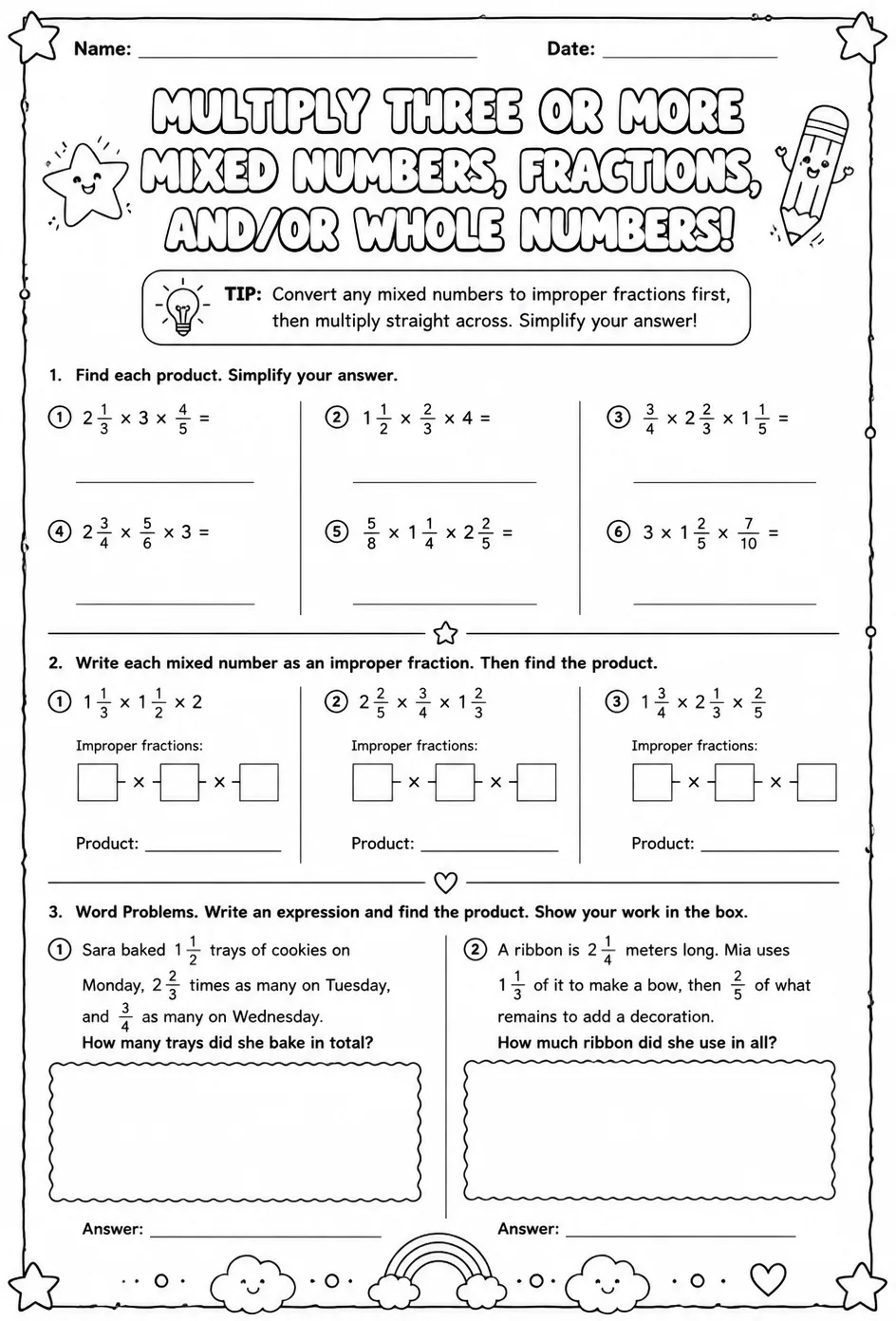 Multiply three or more mixed numbers, fractions, and/or whole numbers — free printable Grade 6 math worksheet