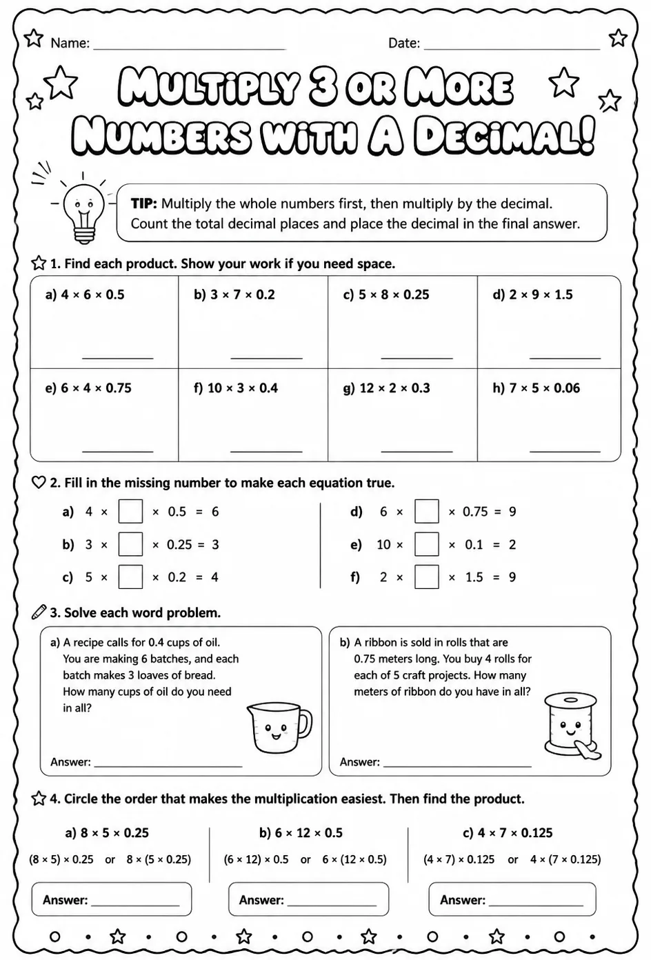 Multiply three or more numbers, one of which is a decimal — free printable Grade 5 math worksheet