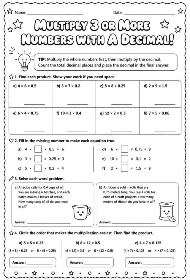 Multiply three or more numbers, one of which is a decimal