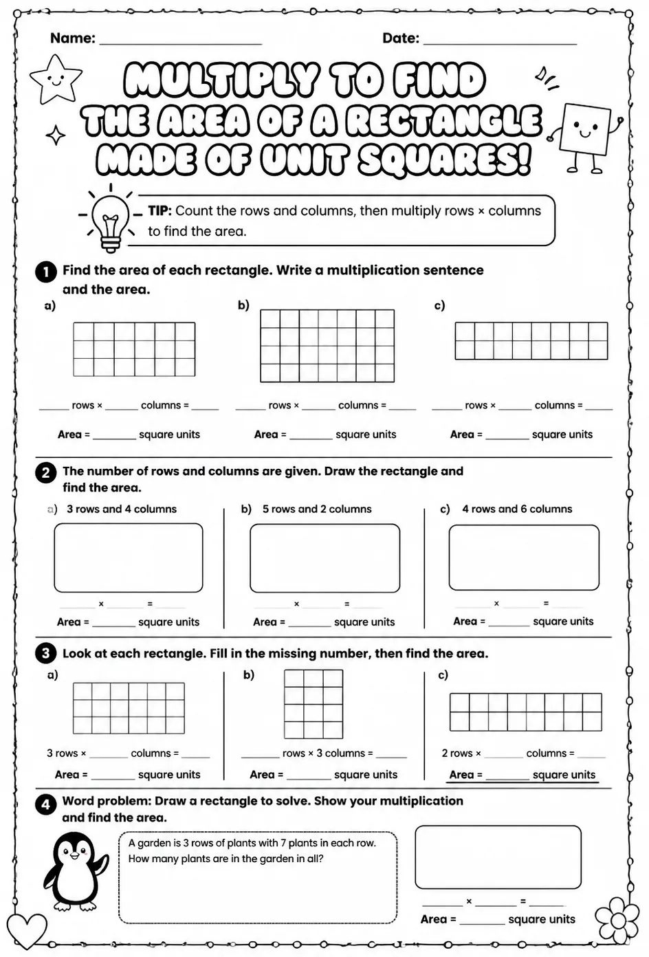 Multiply to find the area of a rectangle made of unit squares — free printable Grade 3 math worksheet