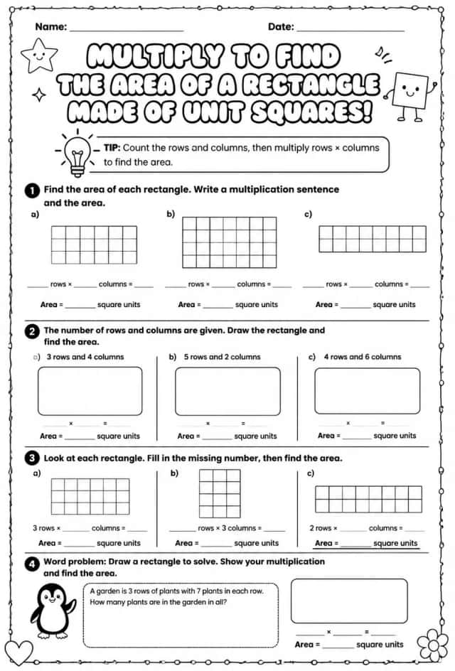 Multiply to find the area of a rectangle made of unit squares