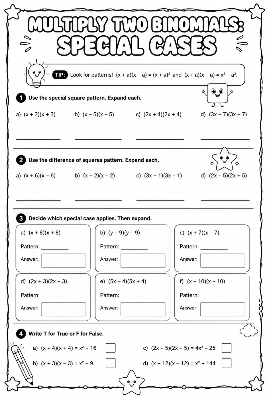 Multiply two binomials: special cases — free printable Algebra 1 math worksheet