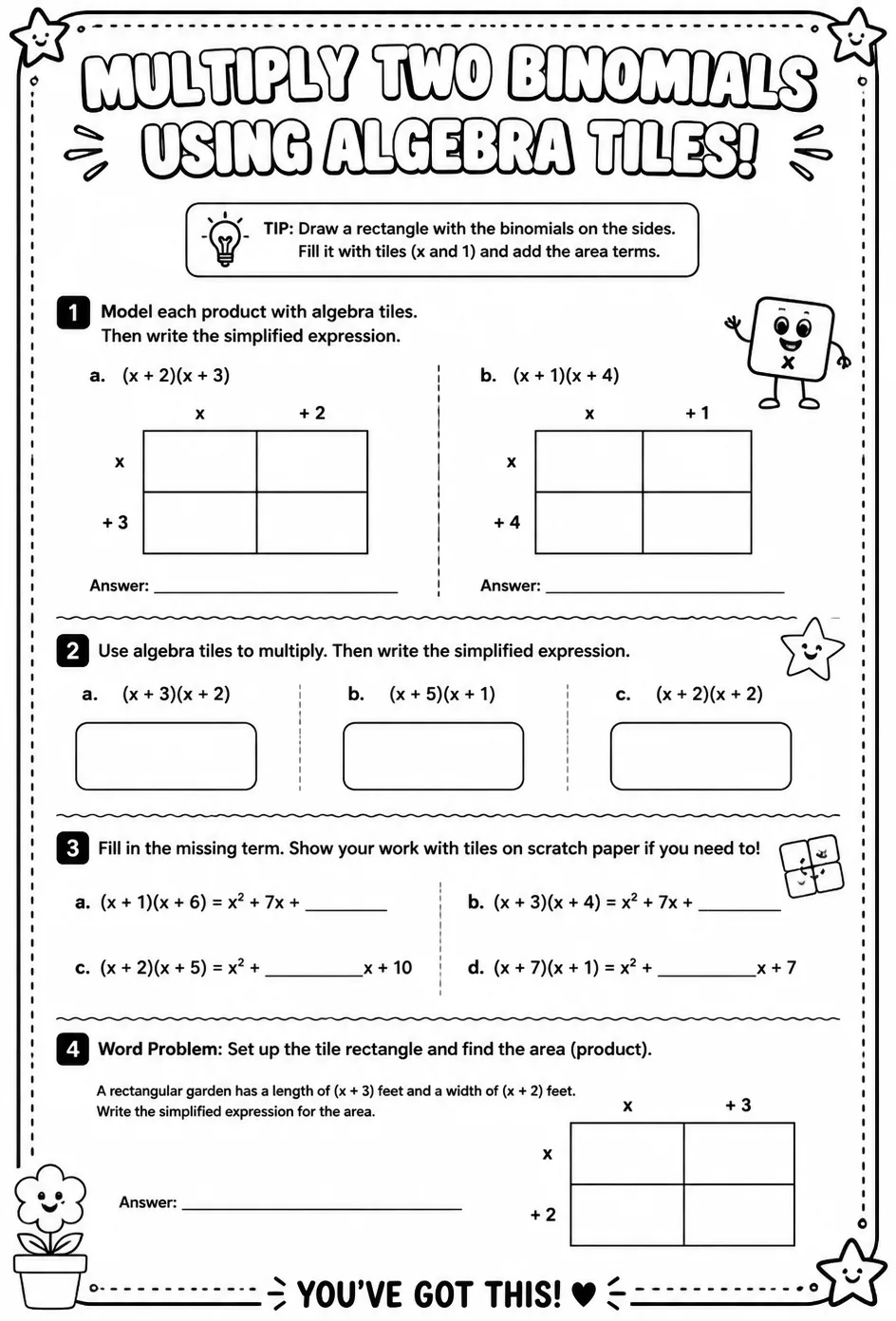 Multiply two binomials using algebra tiles — free printable Algebra 1 math worksheet