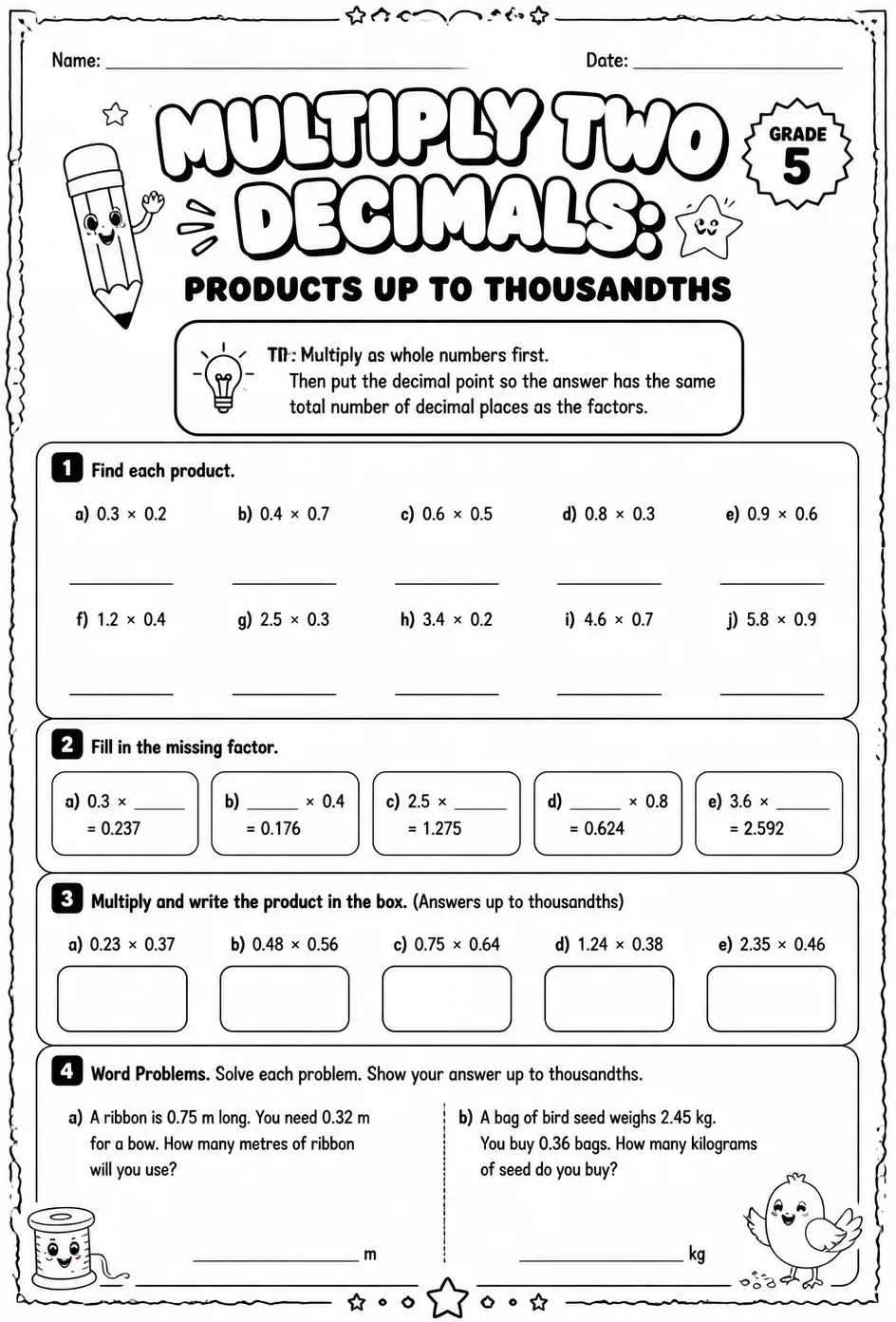 Multiply two decimals: products up to thousandths — free printable Grade 5 math worksheet