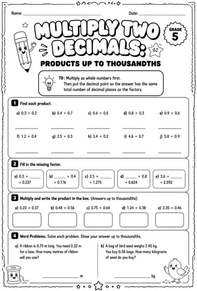 Multiply two decimals: products up to thousandths