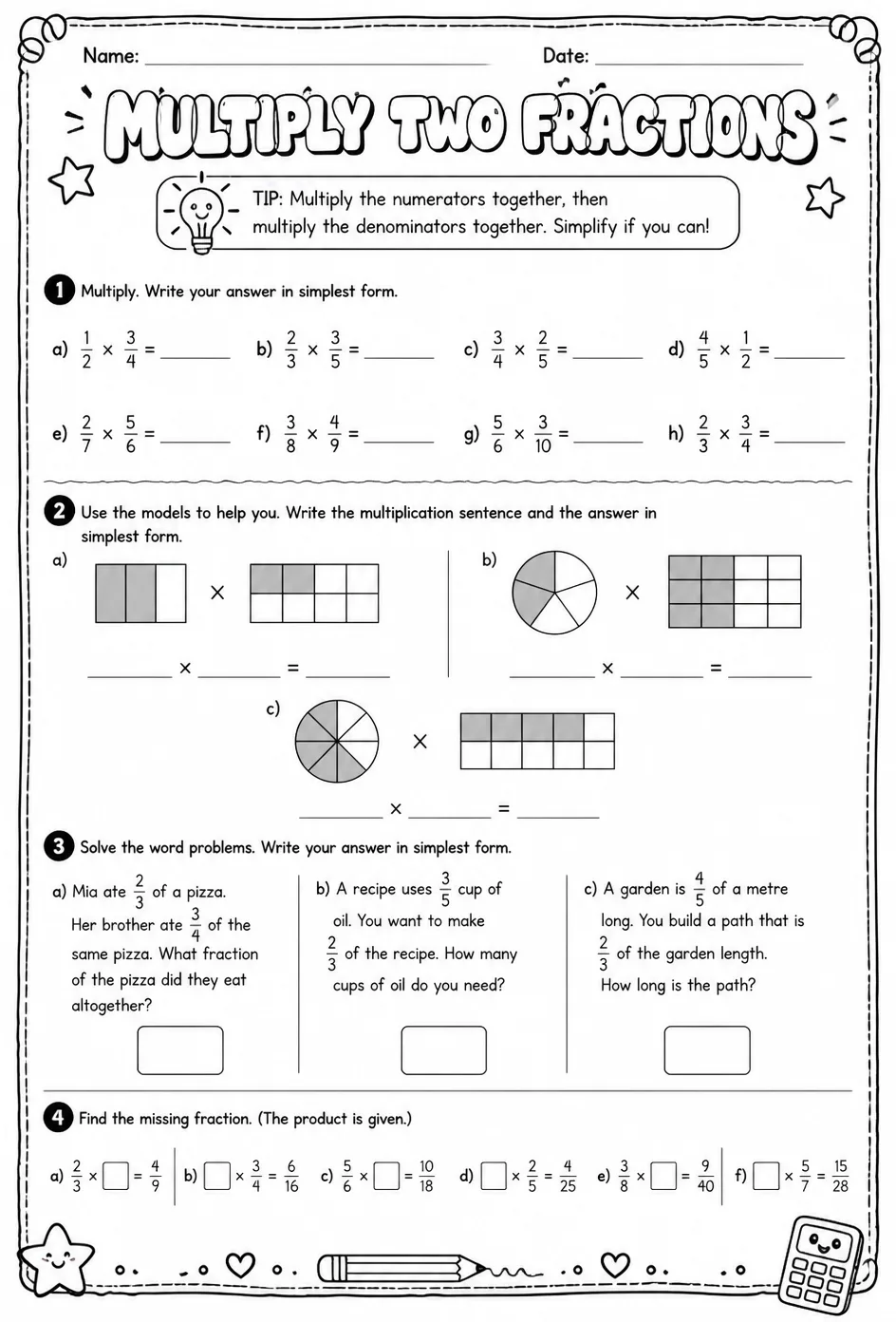 Multiply two fractions — free printable Grade 5 math worksheet