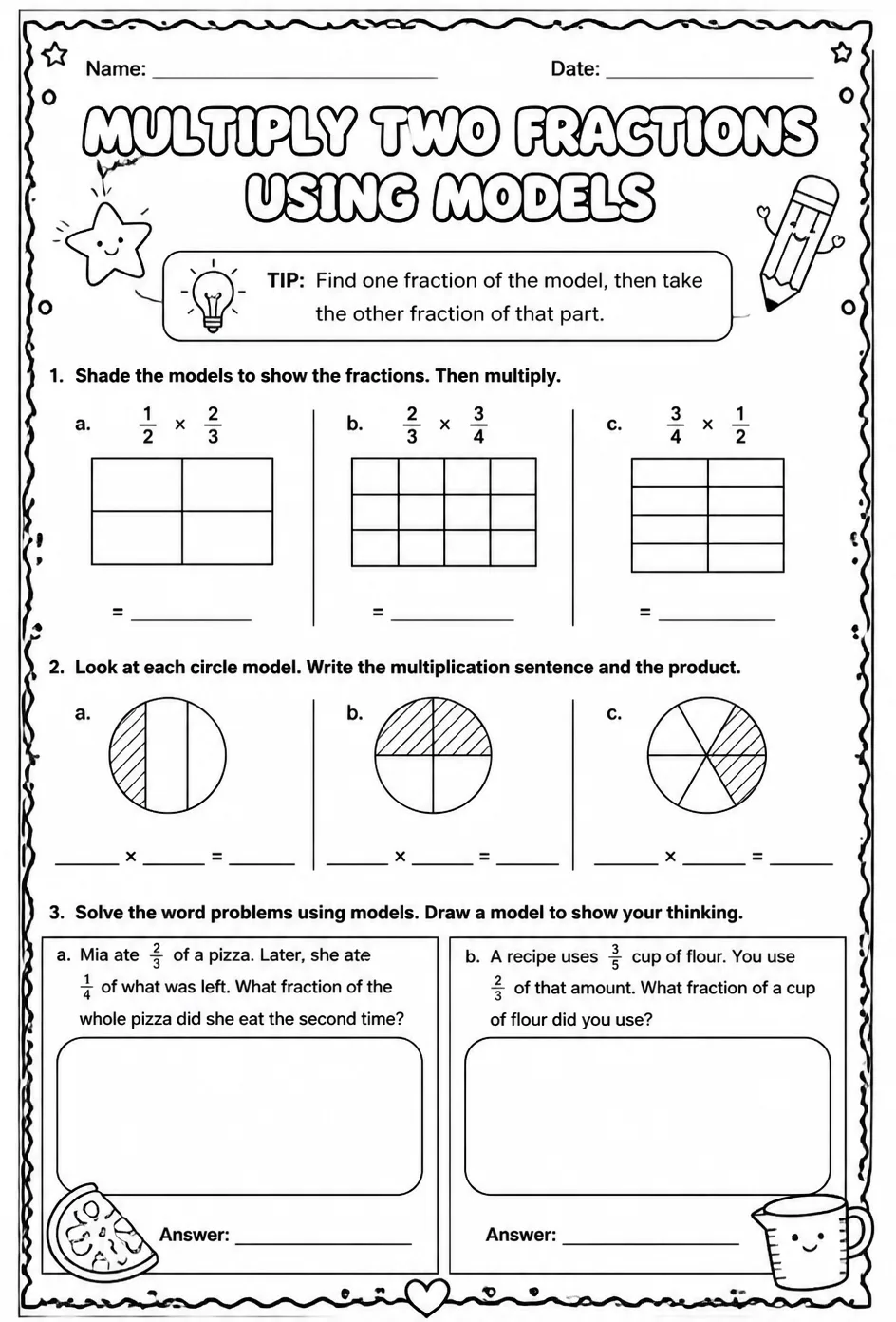 Multiply two fractions using models — free printable Grade 5 math worksheet