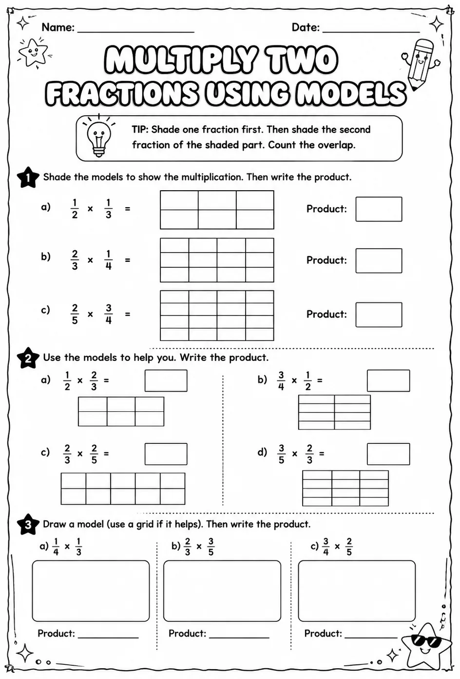 Multiply two fractions using models — free printable Grade 6 math worksheet