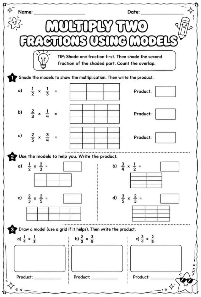 Multiply two fractions using models