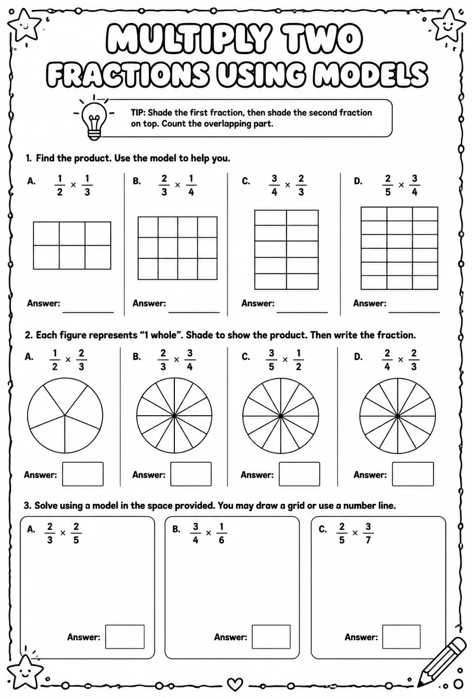 Multiply two fractions using models — free printable Grade 7 math worksheet
