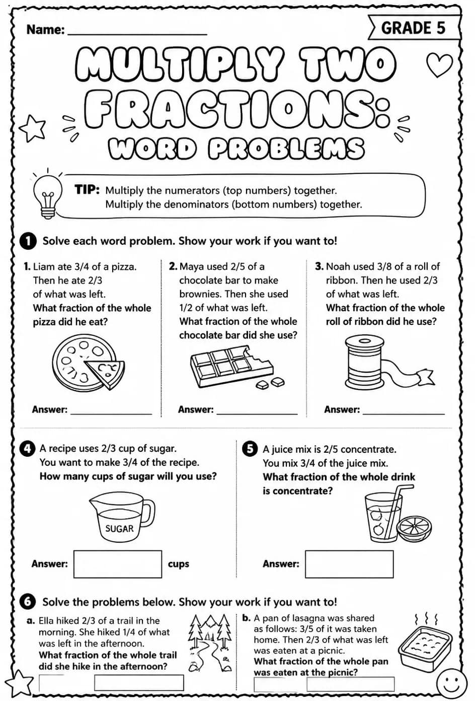 Multiply two fractions: word problems — free printable Grade 5 math worksheet
