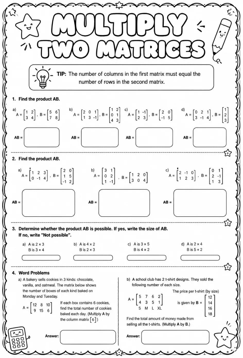 Multiply two matrices — free printable Algebra 2 math worksheet