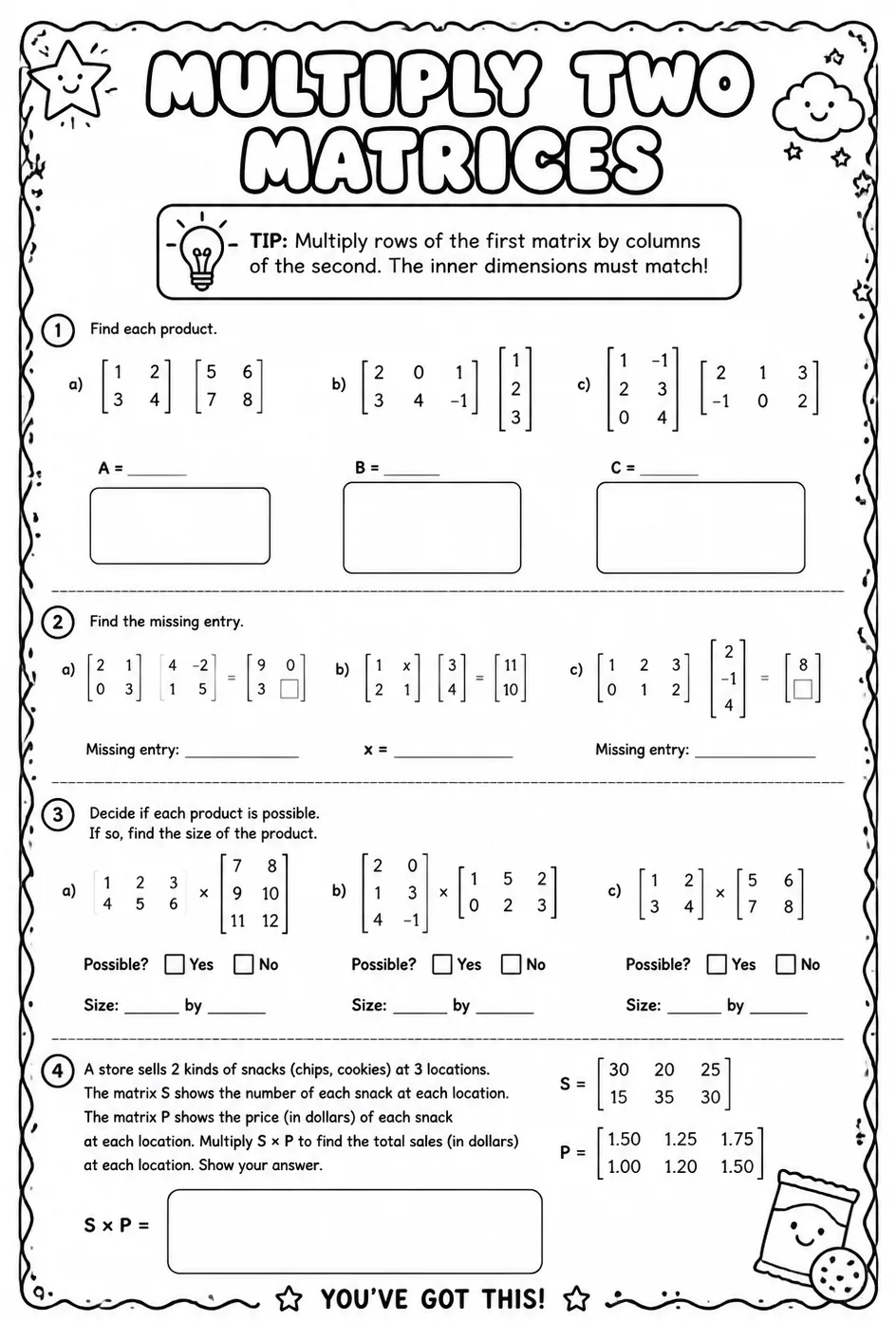 Multiply two matrices — free printable Precalculus math worksheet
