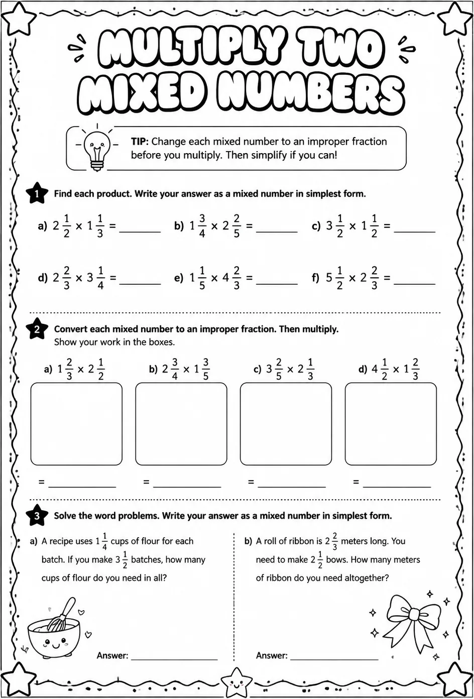 Multiply two mixed numbers — free printable Grade 5 math worksheet
