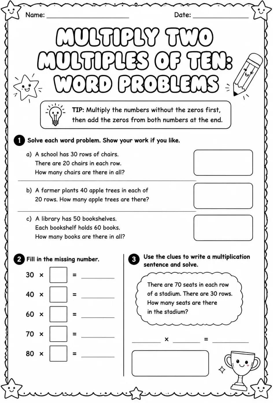 Multiply two multiples of ten: word problems — free printable Grade 4 math worksheet