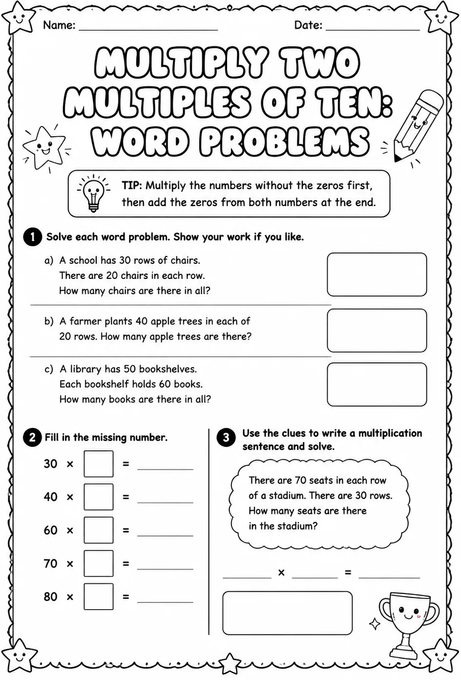 Multiply two multiples of ten: word problems — free printable Grade 4 math worksheet