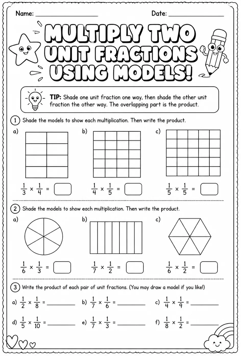 Multiply two unit fractions using models — free printable Grade 5 math worksheet