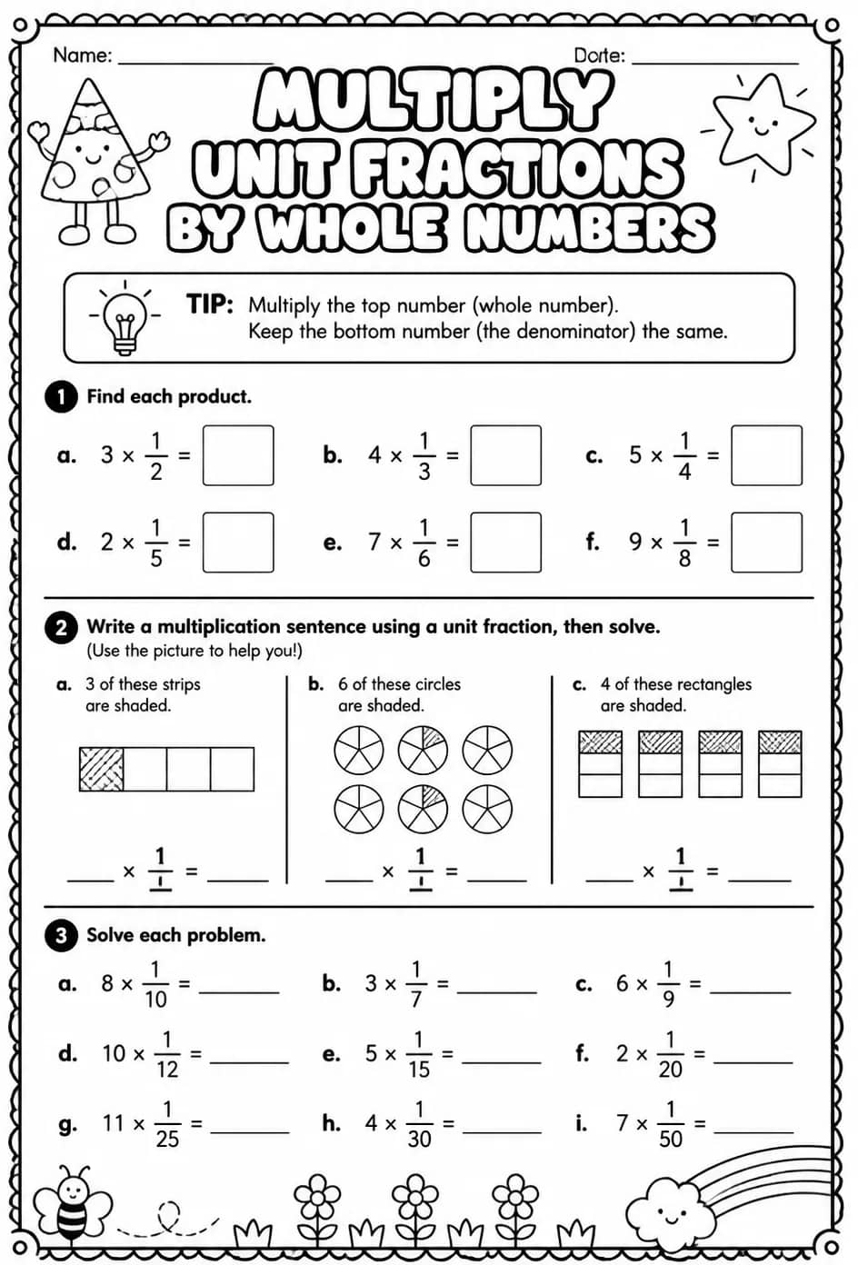 Multiply unit fractions by whole numbers — free printable Grade 4 math worksheet