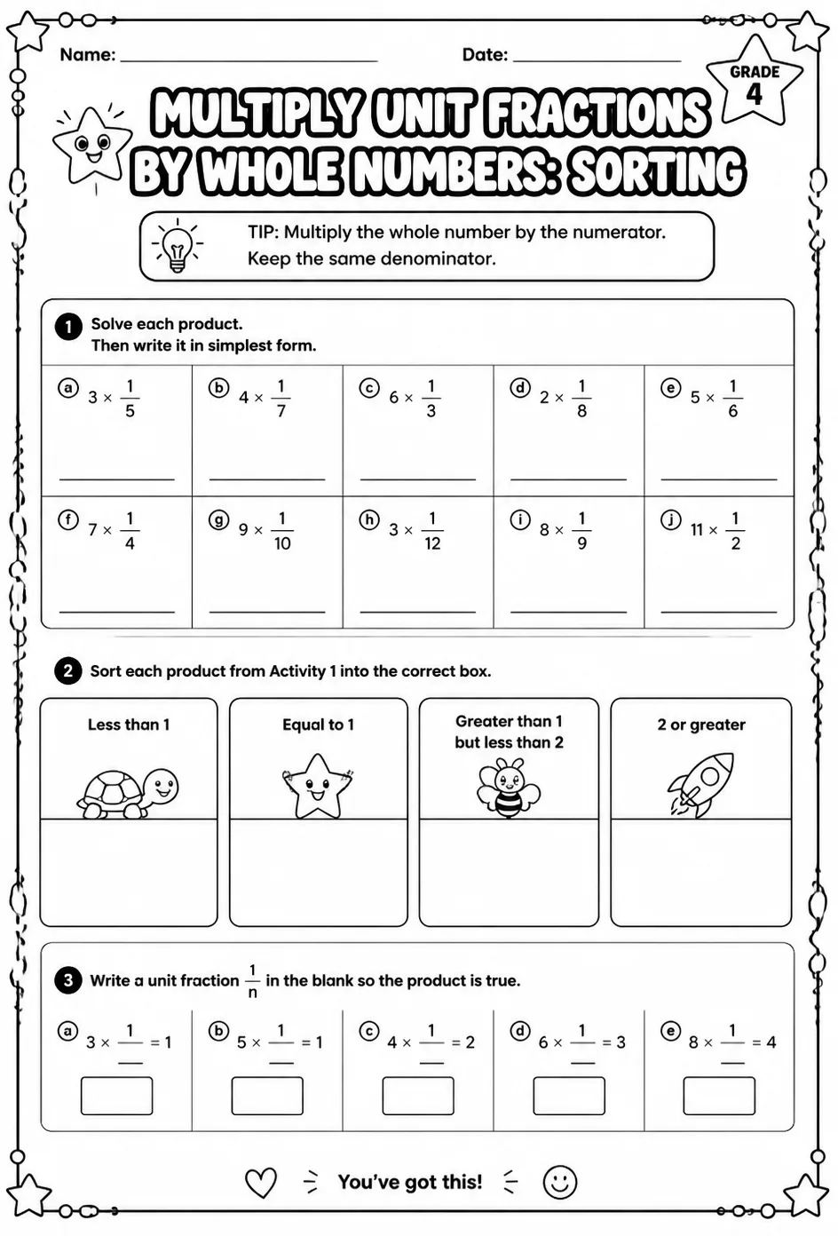 Multiply unit fractions by whole numbers: sorting — free printable Grade 4 math worksheet