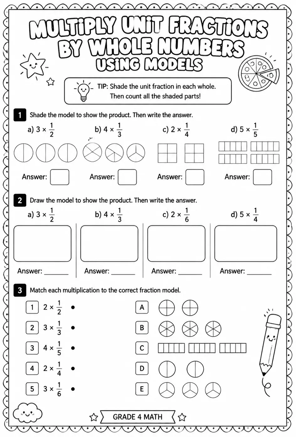 Multiply unit fractions by whole numbers using models — free printable Grade 4 math worksheet