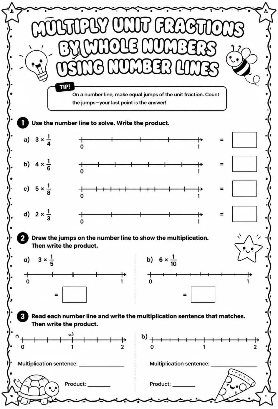 Multiply unit fractions by whole numbers using number lines — free printable Grade 4 math worksheet