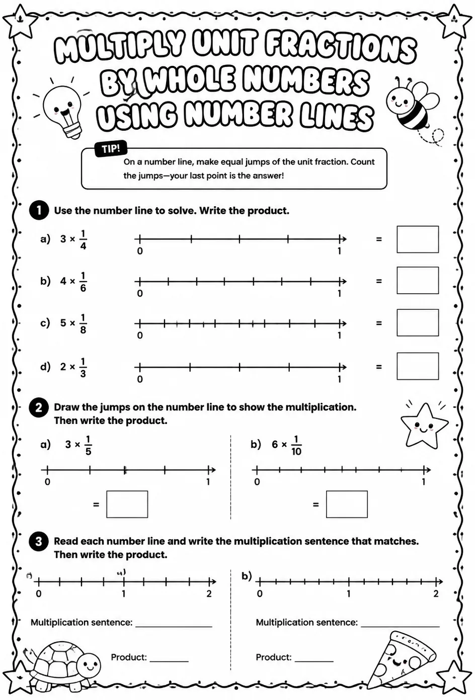 Multiply unit fractions by whole numbers using number lines