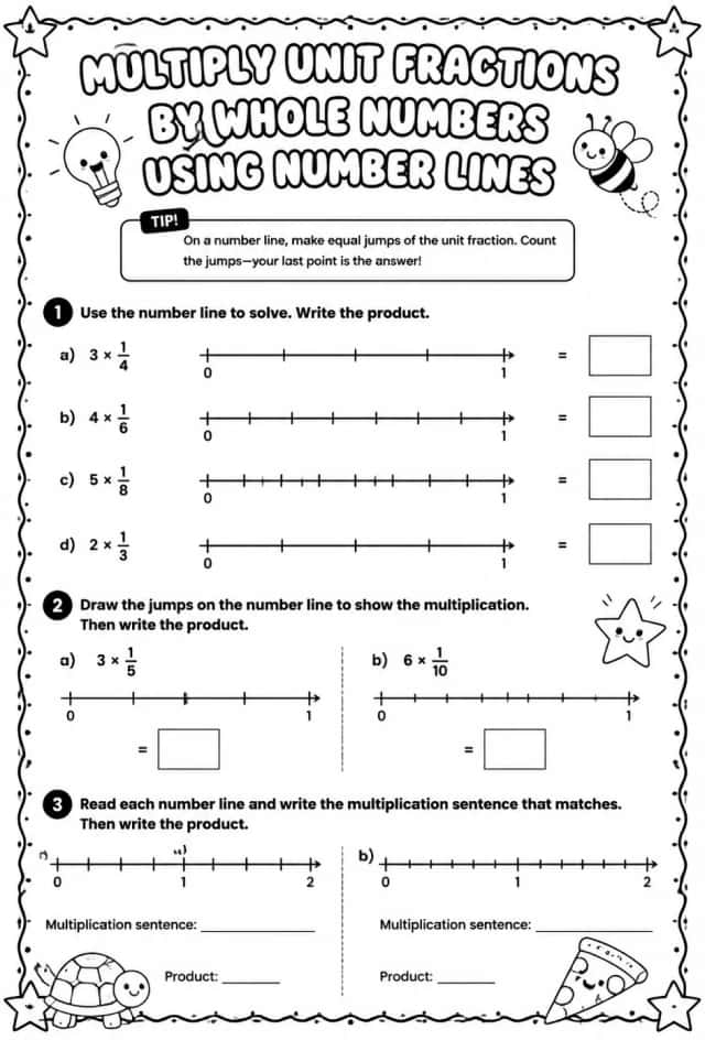 Multiply unit fractions by whole numbers using number lines