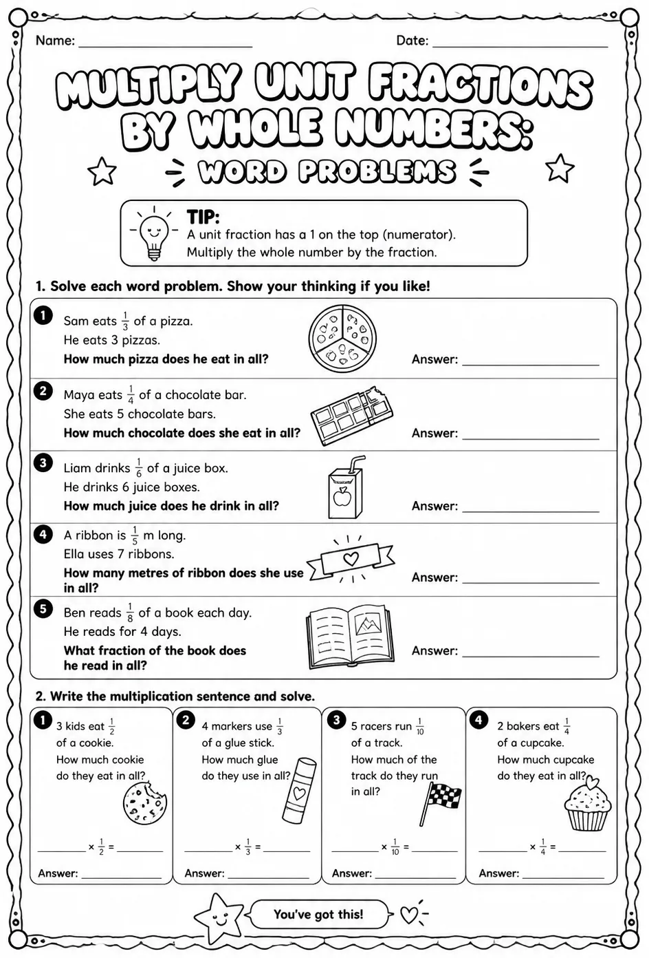 Multiply unit fractions by whole numbers: word problems — free printable Grade 4 math worksheet