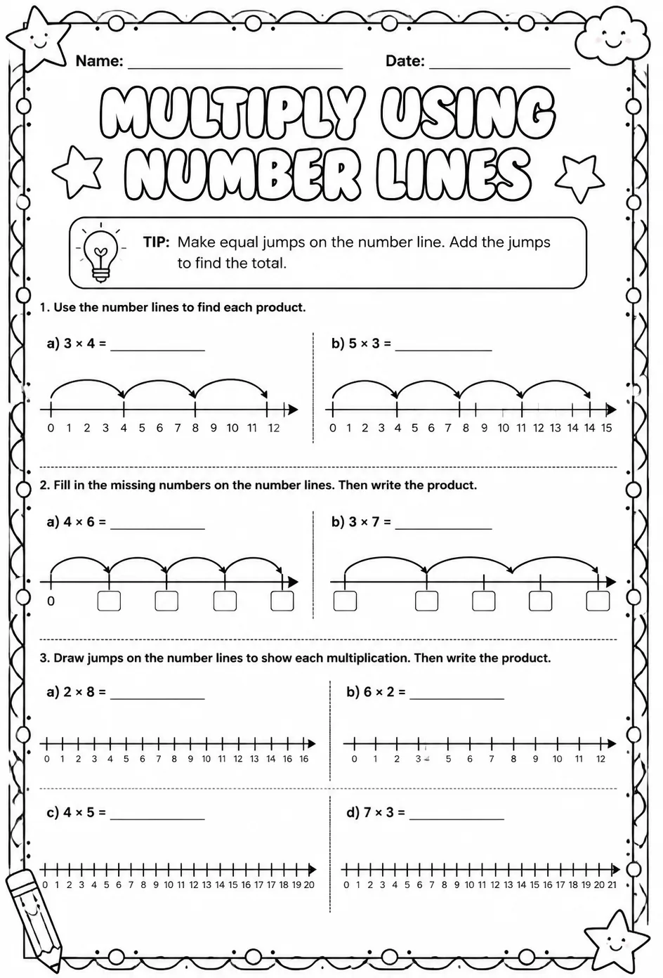 Multiply using number lines — free printable Grade 3 math worksheet