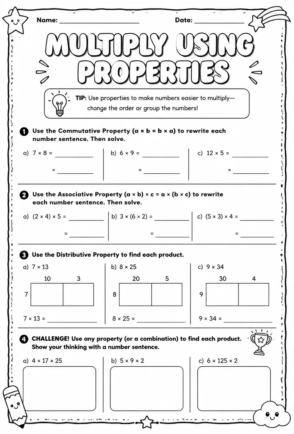 Multiply using properties — free printable Grade 5 math worksheet