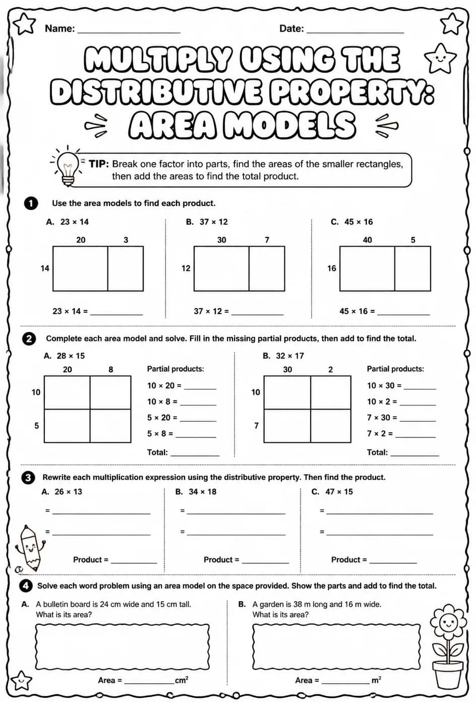 Multiply using the distributive property: area models — free printable Grade 6 math worksheet