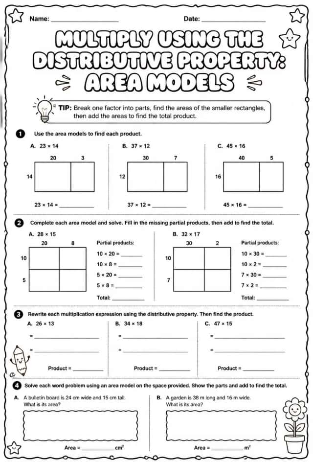 Multiply using the distributive property: area models