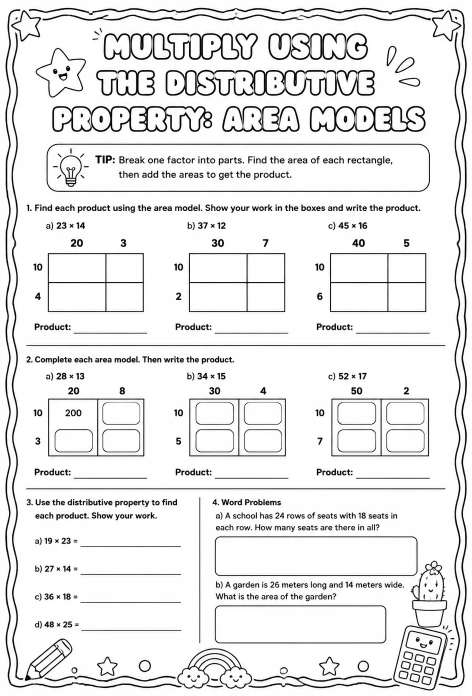 Multiply using the distributive property: area models — free printable Grade 7 math worksheet
