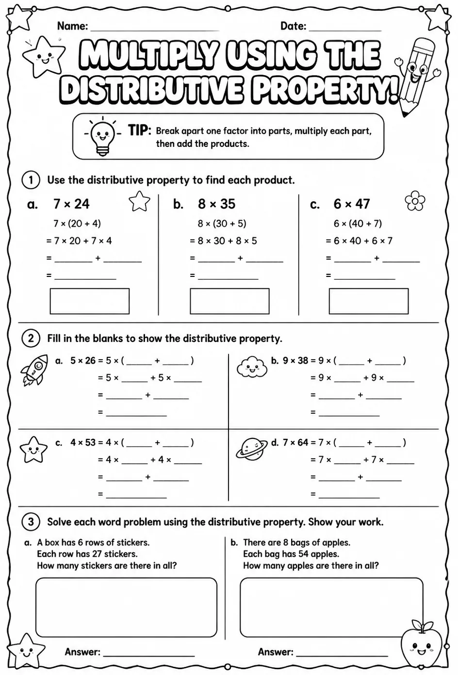 Multiply using the distributive property — free printable Grade 3 math worksheet