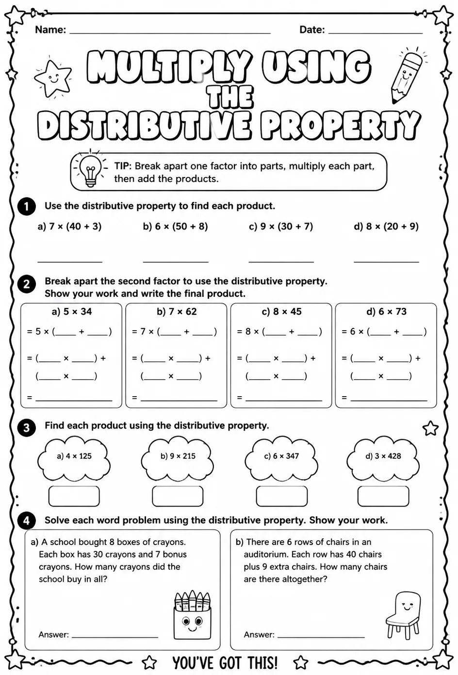 Multiply using the distributive property — free printable Grade 4 math worksheet