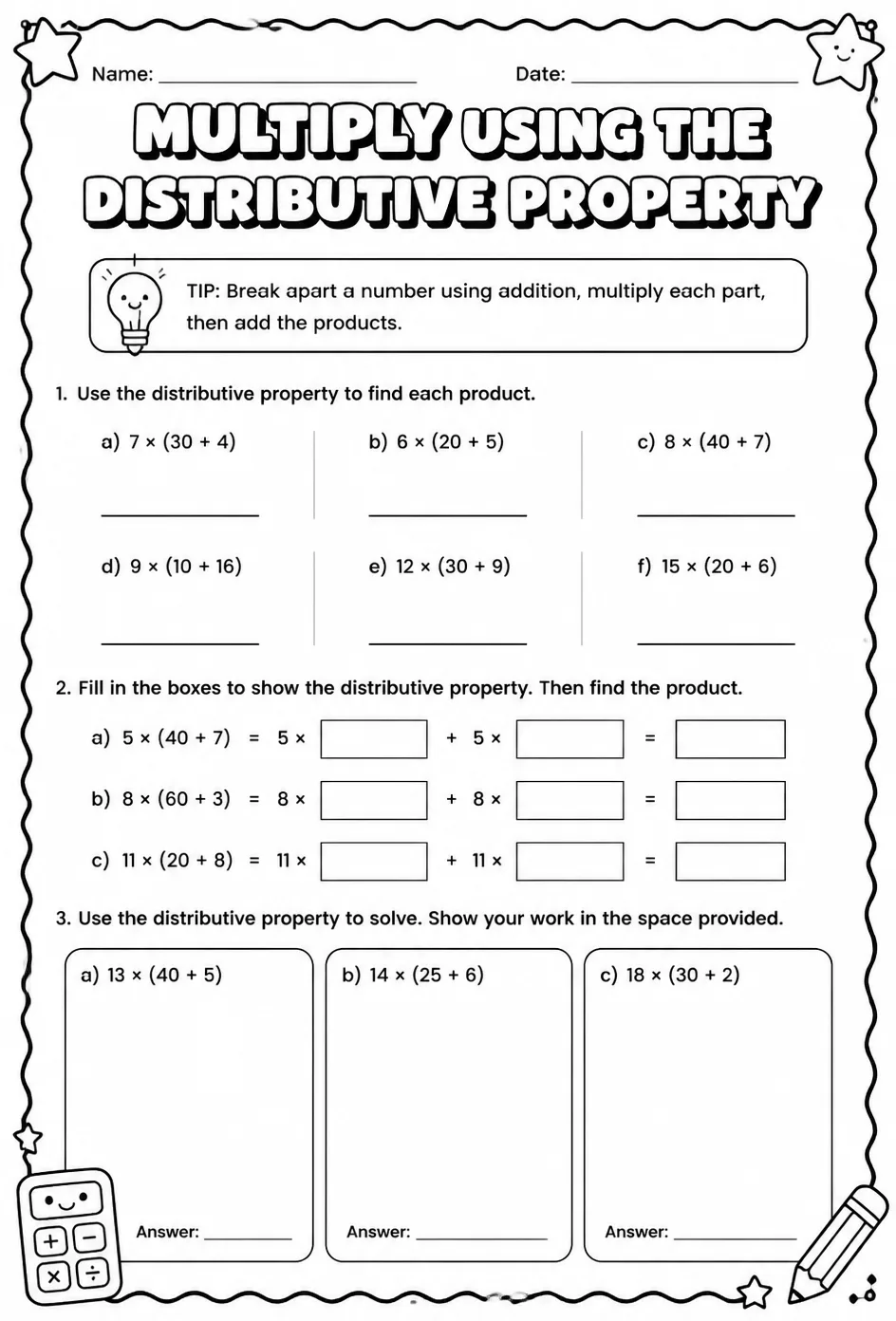 Multiply using the distributive property — free printable Grade 6 math worksheet