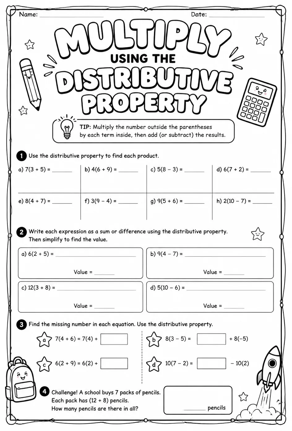 Multiply using the distributive property — free printable Grade 7 math worksheet