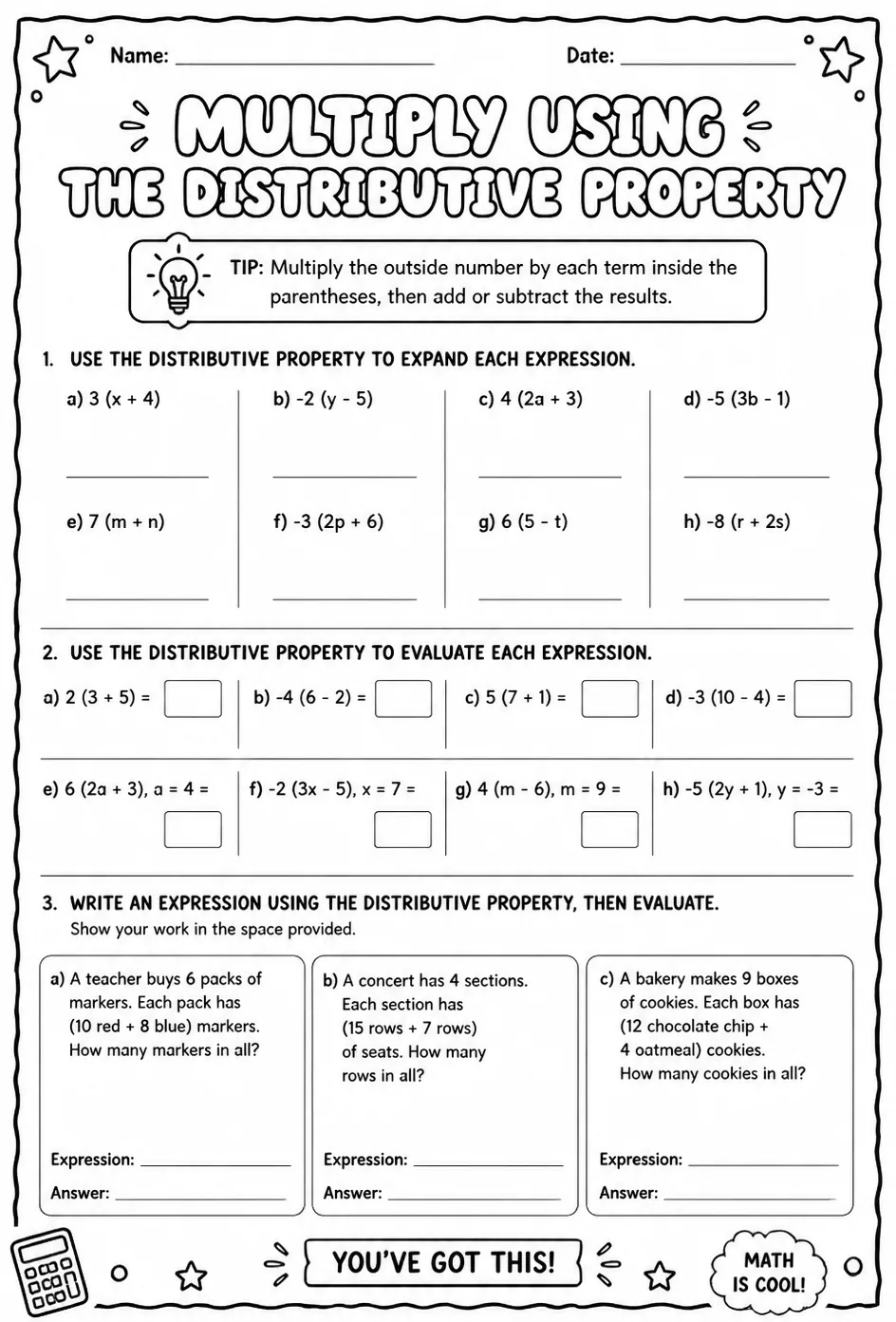Multiply using the distributive property — free printable Grade 8 math worksheet
