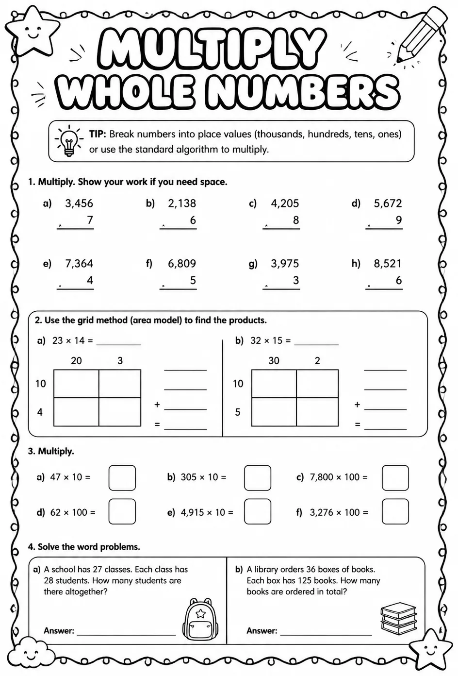 Multiply whole numbers — free printable Grade 6 math worksheet