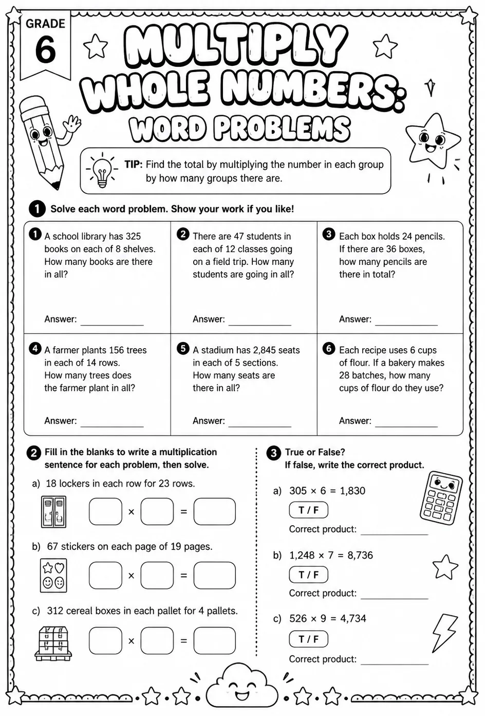 Multiply whole numbers: word problems
