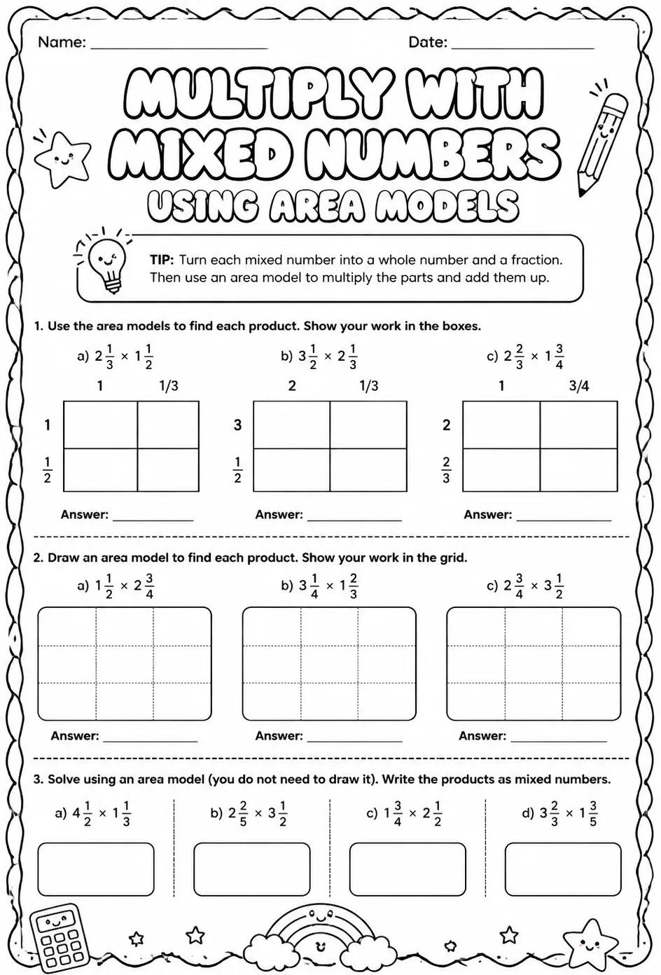 Multiply with mixed numbers using area models — free printable Grade 5 math worksheet