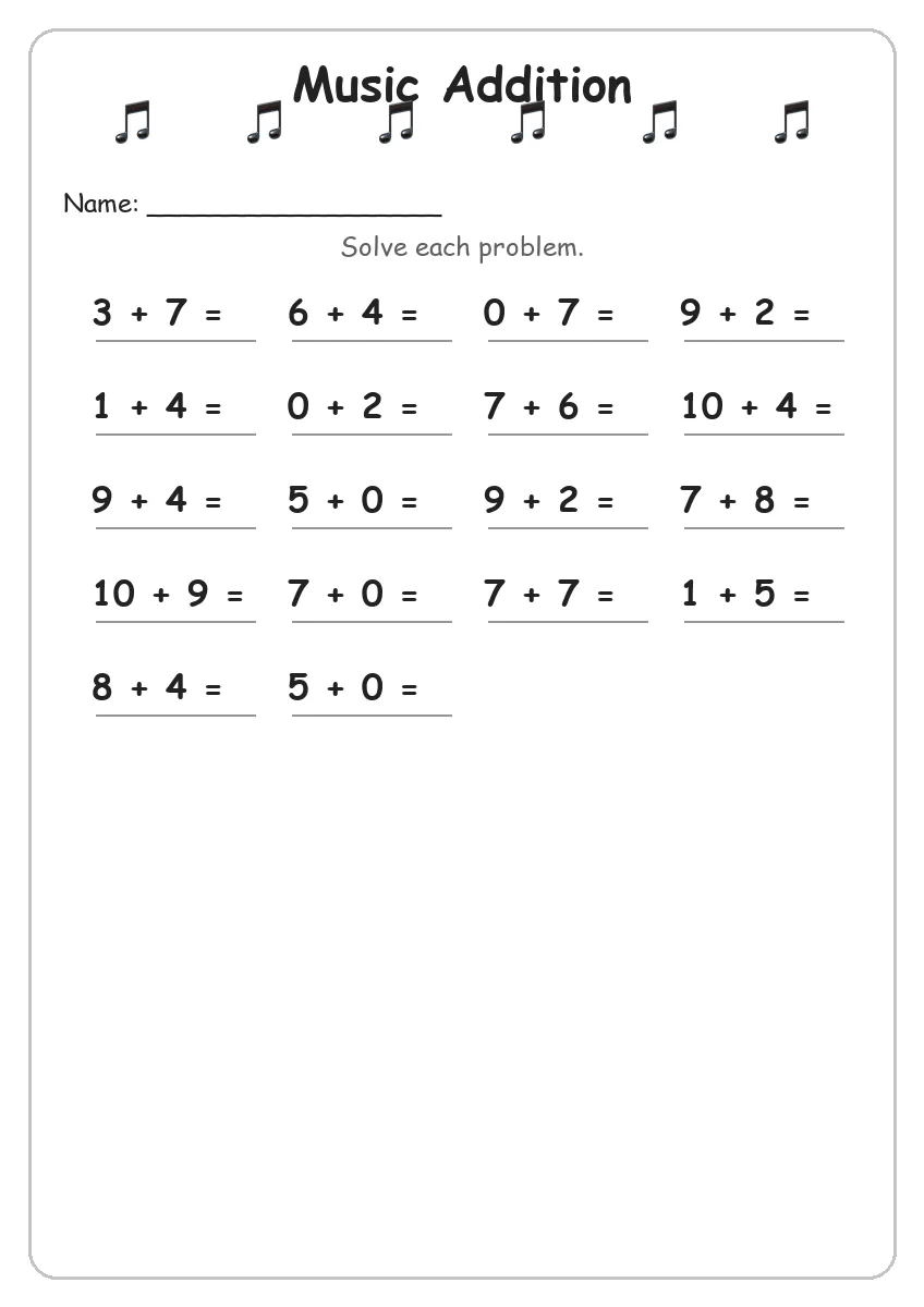 Music addition worksheet for Grade 1