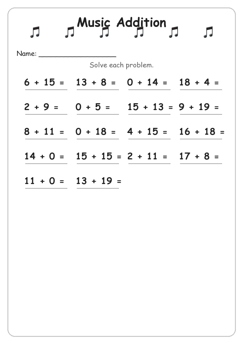 Music addition worksheet for Grade 2